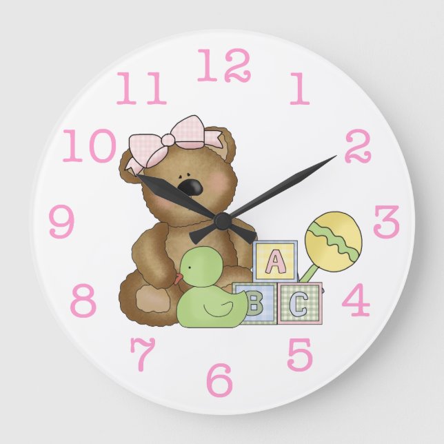 Grande Horloge Ronde Ourson en nœud papillon rose + hochet / canard pou (Recto)