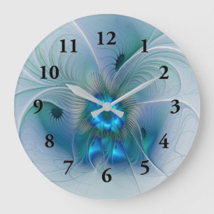 Grande Horloge Ronde Ovation debout, fractale abstraite bleu turquoise