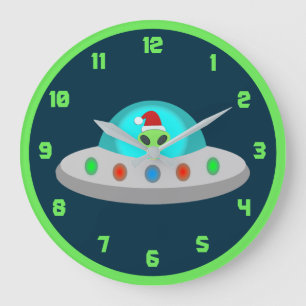 Grande Horloge Ronde OVNI de Noël Ho Ho Alien soucoupe volante