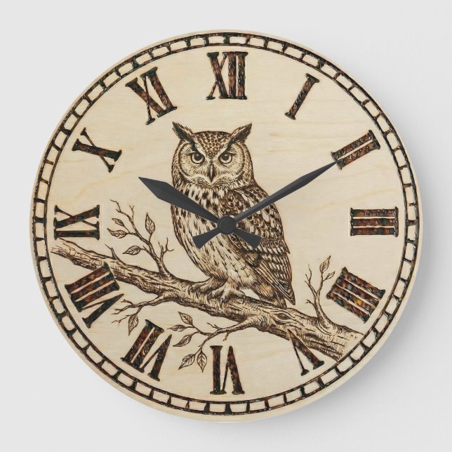 Grande Horloge Ronde Owl Wall Clock – Forest Wood-Burned Style (Recto)