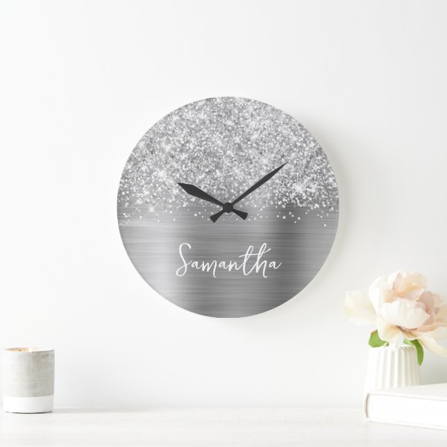 Grande Horloge Ronde Pailleté Argent Glam Blanc Nom Script (Maison)