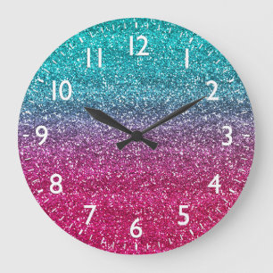 Grande Horloge Ronde Pailleté bleu et rose foncé dégradé scintillant
