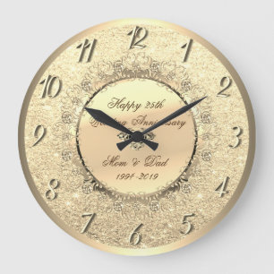Grande Horloge Ronde Paillettes dorées Fleurs 25e anniversaire de maria