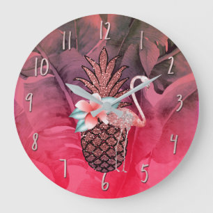 Grande Horloge Ronde Paillettes Rose Tropical Feuilles de Palmier Exoti