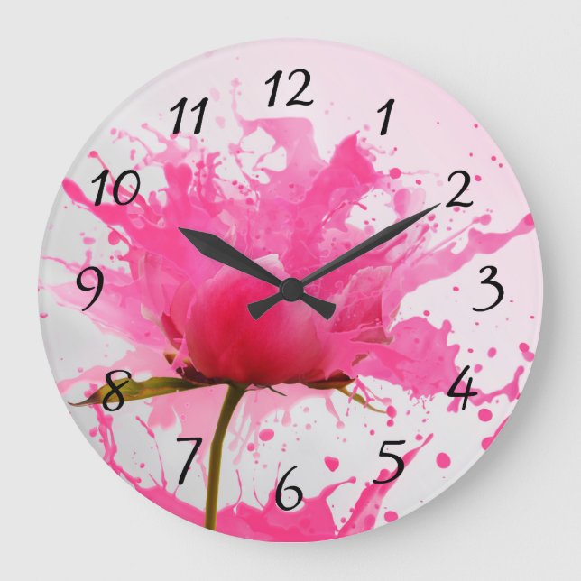 Grande Horloge Ronde Paint Splatter Abstrait Fleur Rose (Recto)