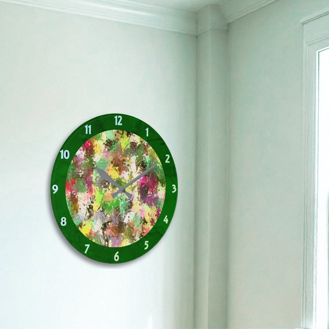 Grande Horloge Ronde Paint Splatter Automne Couleur Feuilles Abstraits (Paint Splatter Autumn Color Leaves Abstract Large Clock)
