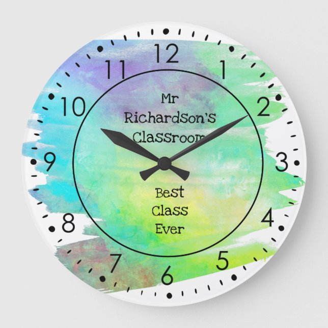 Grande Horloge Ronde Paint Yellow Green enseignant en classe (Recto)