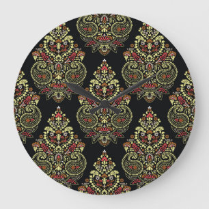 Grande Horloge Ronde Paisley, arrière - plan noir géométrique