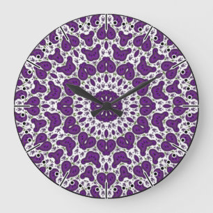 Grande Horloge Ronde Paisley blanche et violette, Kaleidoscope Boho