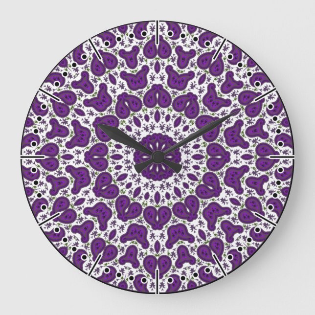 Grande Horloge Ronde Paisley blanche et violette, Kaleidoscope Boho (Recto)