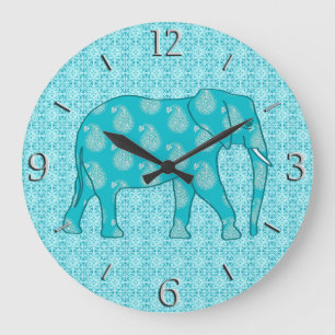 Grande Horloge Ronde Paisley éléphant - turquoise et aqua