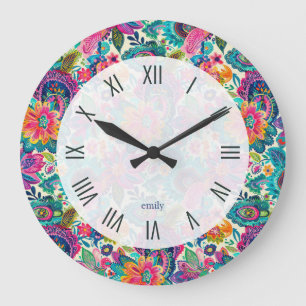 Grande Horloge Ronde Paisley ethnique coloré motif