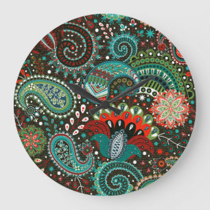 Grande Horloge Ronde Paisley floral : éléments motifs sans soudure.