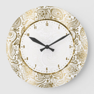 Grande Horloge Ronde Paisley Florale Dorée Et Blanche