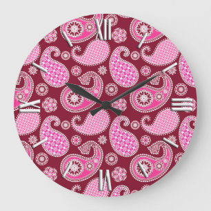 Grande Horloge Ronde Paisley motif, Bourgogne, rose et blanc