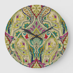 Grande Horloge Ronde Paisley motif de l'Inde, frontière bohème.