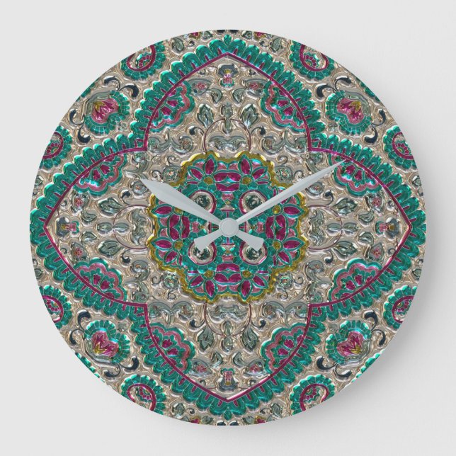 Grande Horloge Ronde Paisley motif floral turquoise rose argent bohème (Recto)