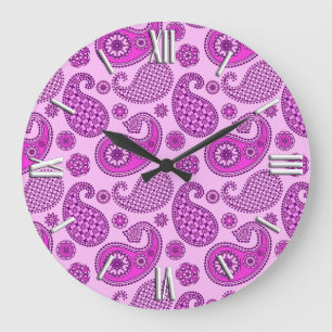 Grande Horloge Ronde Paisley motif, orchidée et améthyste violet