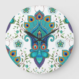 Grande Horloge Ronde Paisley orientale, motif en plumes paon.