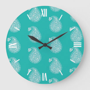 Grande Horloge Ronde Paisley perse - blanc sur turquoise