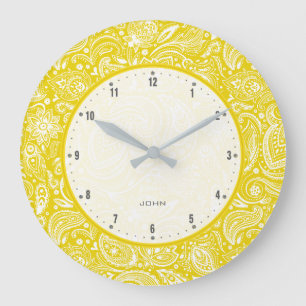 Grande Horloge Ronde Paisley Vintage Jaune Et Blanc