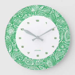 Grande Horloge Ronde Paisley Vintage Vert Et Blanc