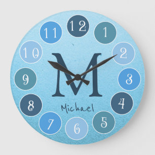 Grande Horloge Ronde Palette Couleur Bleue Simple Monogrammes Enfants