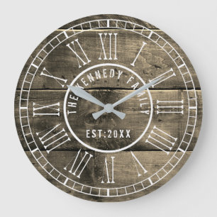 Grande Horloge Ronde Palette en bois rustique Numéro romain Nom de fami
