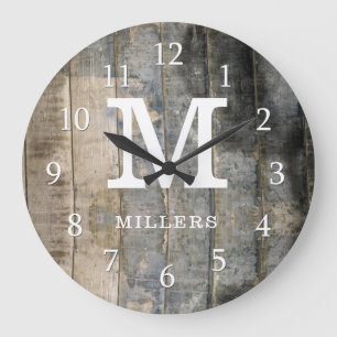 Grande Horloge Ronde Palette Rustique Bois Nom de famille Monogramme