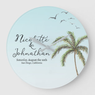 Grande Horloge Ronde Palmier et oiseaux Mariage simple plage