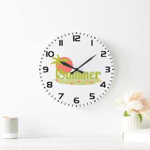 Grande Horloge Ronde Palmier Été avec Soleil et Plage