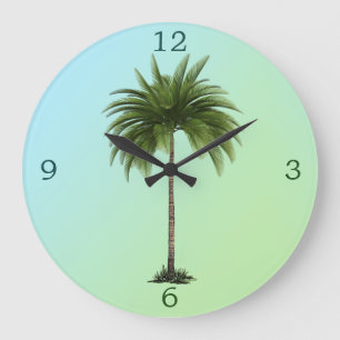 Grande Horloge Ronde Palmier Vintage Tropical Elegant Vert