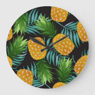 Grande Horloge Ronde Palmiers à ananas Tapisserie noire