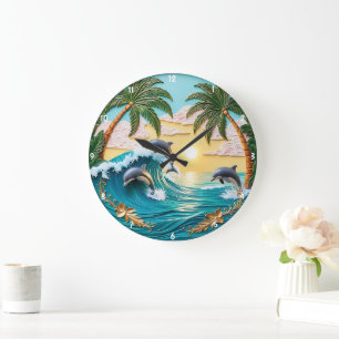 Grande Horloge Ronde Palmiers, dauphins de saut et coucher de soleil su