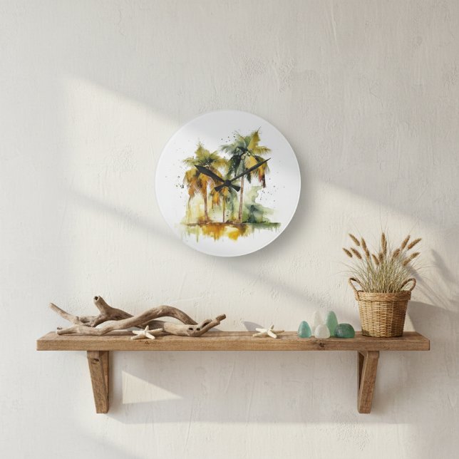 Grande Horloge Ronde Palmiers verts avec cocotiers couleur de l'eau tro (Créateur téléchargé)