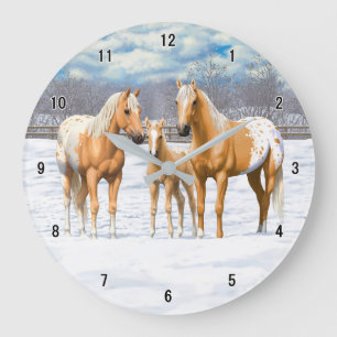 Grande Horloge Ronde Palomino Appaloosa Chevaux En Neige