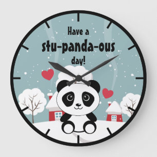 Grande Horloge Ronde Panda Bébé Cute En Hiver Gris Neige