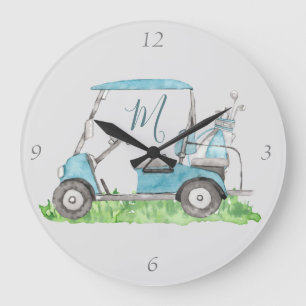 Grande Horloge Ronde Panier de golf bleu unique Monogramme Aquarelle