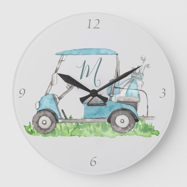 Grande Horloge Ronde Panier de golf bleu unique Monogramme Aquarelle (Recto)