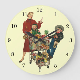 Grande Horloge Ronde Panier d'épicerie Retro Family, Mom and Kids