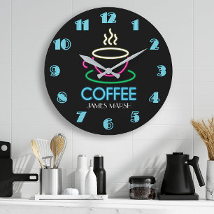 Grande Horloge Ronde Panneau Retro Neon Café Café