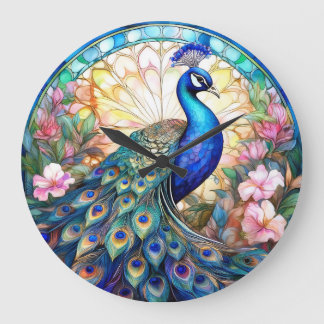 Grande Horloge Ronde Paon en verre coloré et aquarelle