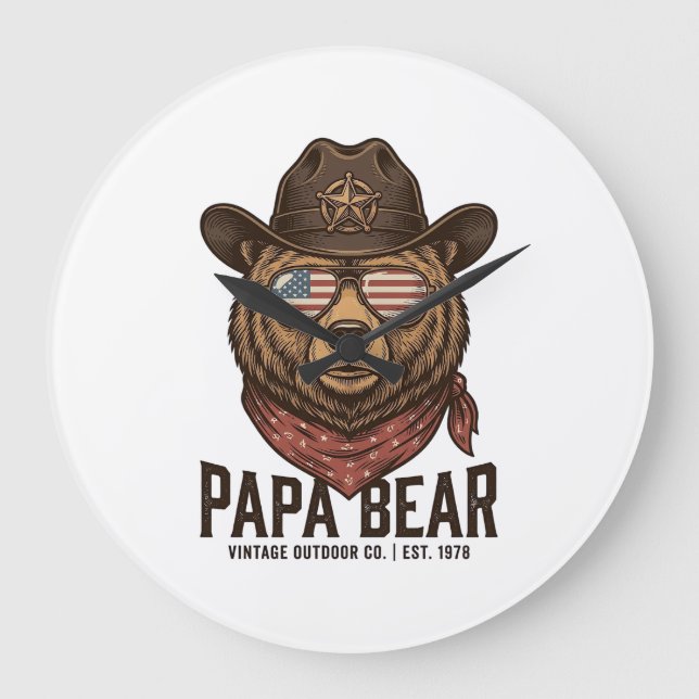 Grande Horloge Ronde Papa Bear Cowboy Bear Patriotic Vintage Vector Des (Recto)