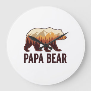 Grande Horloge Ronde Papa Bear silhouette ours vintage forêt T-Shirt_1