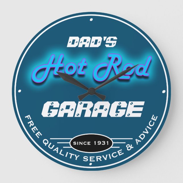 Grande Horloge Ronde Papa ou Any Name Garage Blue Faux Neon Look (Recto)
