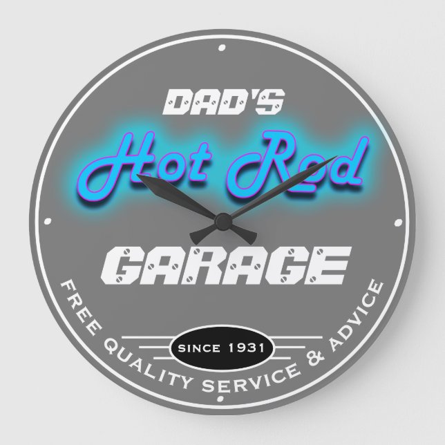 Grande Horloge Ronde Papa ou Any Name Garage Grey Faux Neon Look (Recto)