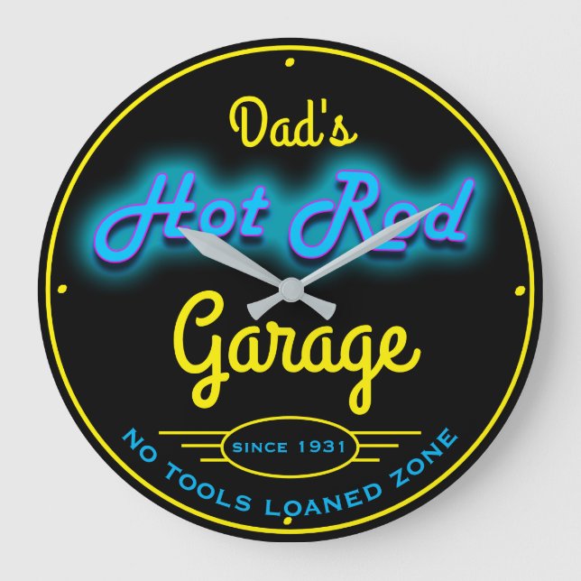 Grande Horloge Ronde Papa ou tout autre nom Garage Blue Faux Neon Effet (Recto)