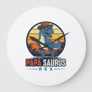 Grande Horloge Ronde Papa Saurus Rex Cowboy Dinosaure Vintage T-Shirt_1