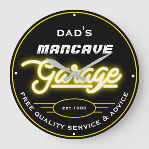 Grande Horloge Ronde Papa's ou n'importe quel nom Mancave Garage Yellow