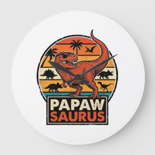 Grande Horloge Ronde Papawsaurus Rétro Dinosaure Coucher de Soleil Vect